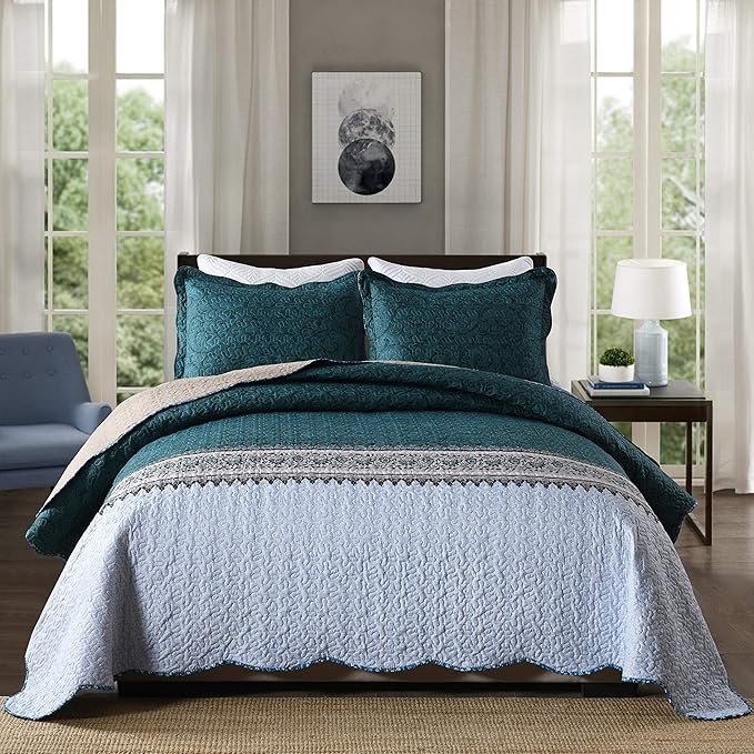 Travan 3-Piece Queen Quilt Set Quilted Bedspread Oversized Microfiber Soft Lightweight Bedding Set with Shams for All Season, Blue Ocean, Queen Size