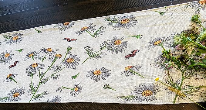 Tache Ivory Floral Table Runner Yellow Daisies Ladybugs Woven - Long Vintage Tapestry Kitchen Dining Dinner Linens Cloth - 13 x 90 inches