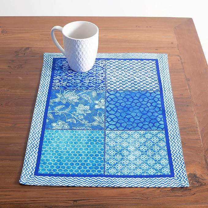 Maison d' Hermine Placemats Set of 4 100% Cotton Washable Cloth Place Mats, Reusable Table Mats for Kitchen Dining Decoration, Party, Wedding, Restaurant Spring/Summer (Indigo Love, 13" x 19")