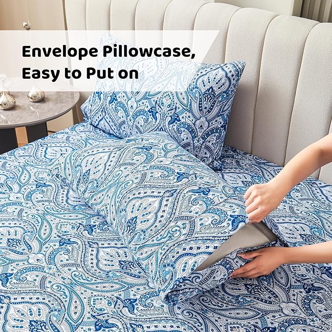 Softan Blue Paisley Printed Queen Size Sheet Set, Blue Floral Sheets Queen, Cozy Microfiber Fitted Sheet with 15" Deep Pocket & Non-Slip Straps, Flower Patterned Sheets & Pillowcase Sets
