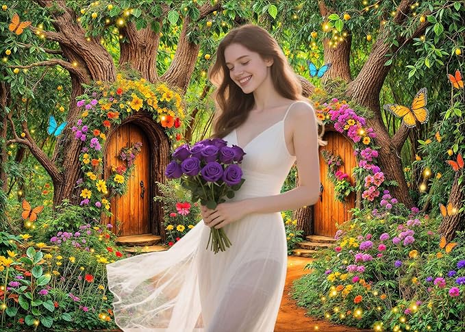 12X10ft Enchanted Forest Backdrop Fairy Tale Green Garden Wonderland Tree House Floral Butterfly Background for Kids Girl Baby Shower Birthday Party Decoration Banner Cake Table Photo Booth Props