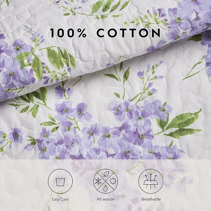 Laura Ashley - Twin Quilt Set, Reversible Cotton Bedding with Matching Sham, Lightweight Decor for All Seasons (Keighley Lilac, Twin)
