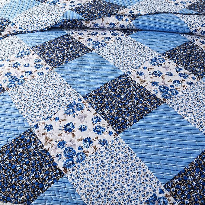 HoneiLife California King Quilt 120x120-3 Pcs Oversized King Bedspreads, Extra Large Quilt Sets All Season Use,Rustic Bedding Sets King Size,Reversible Coverlet Microfiber Bed Quilts, Blue