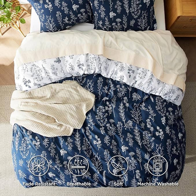 Bedsure Duvet Cover King Size - Reversible Navy Blue King Duvet Cover Set with Zipper Closure, 3 Pieces Floral Patterned Bedding Set with 8 Corner Ties and 2 Pillow Shams
