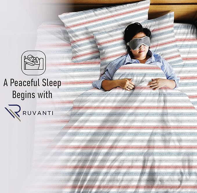 RUVANTI 100% Cotton Twin Sheets Set, 3 Pieces, Soft & Breathable Percale Weave Bedding, Deep Pocket 16", Hotel Standard, Crisp Cool Feel, Durable, Perfect Striped Bed Sheet, Times