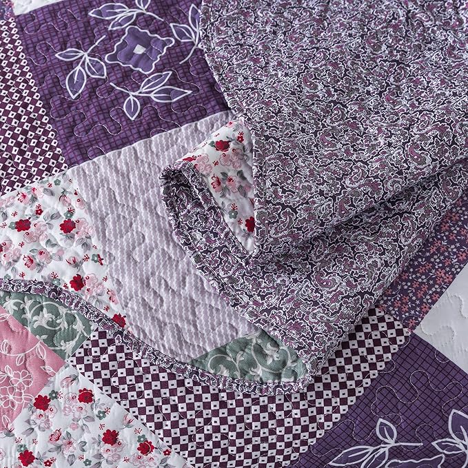 HoneiLife Oversized King Quilt 120x120-3 Pcs California King Bedspreads, Extra Large Quilt Sets All Season Use,Rustic Bedding Sets King Size,Reversible Coverlet Microfiber Bed Quilts, Purple