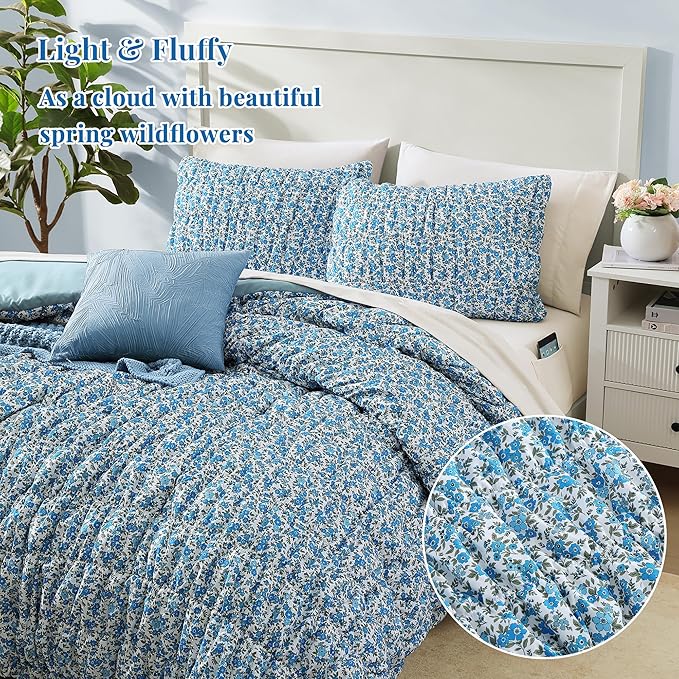 Full Size Comforter Sets - 7 Pieces Puff Blue Floral Bedding Set for All Seasons, Shabby Chic Farmhouse Bed in a Bag Full with Floral Comforter, Sheets, Pillowcases & Shams