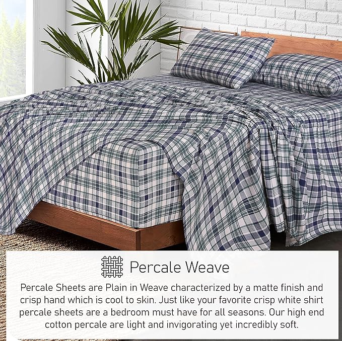 RUVANTI 100% Cotton Split King Sheets Sets for Adjustable Bed, 5 PCs, Soft & Breathable Percale Weave Bedding, Deep Pocket 16", Hotel Standard, Crisp Cool Feel & Durable Sheet, Greenish Blue Plaid
