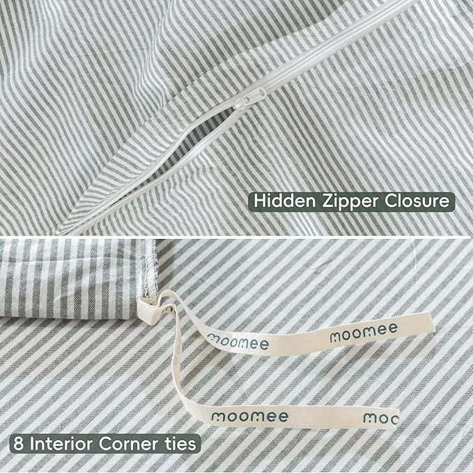 MooMee Striped Duvet Cover Set 100% Washed Cotton Linen Like Textured Breathable Durable Soft Comfy (Heathered Green Pinstripes, Queen 90"x90")