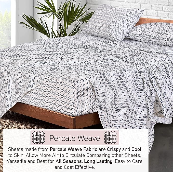 RUVANTI 100% Cotton Full Size Bed Sheets, 4 Pieces, Soft & Breathable Percale Weave Bedding, Deep Pocket 16", Hotel Standard, Crisp Cool Feel, Durable, Perfect Sheet Set Floral, Chevron