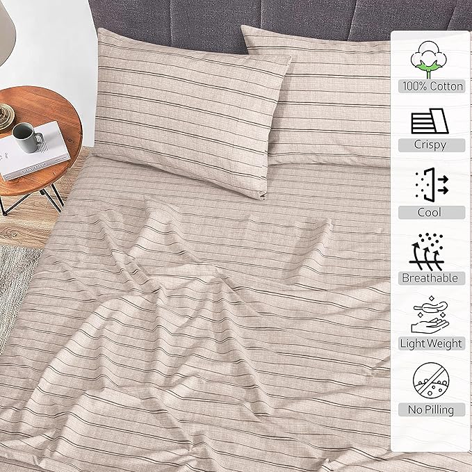 RUVANTI 100% Cotton Sheets Queen Size Set, 4 Pieces, Soft & Breathable Percale Weave Bedding, Deep Pocket 16", Hotel Standard, Crisp Cool Feeling, Durable, Perfect Striped Bed Sheet, Brown Stripes
