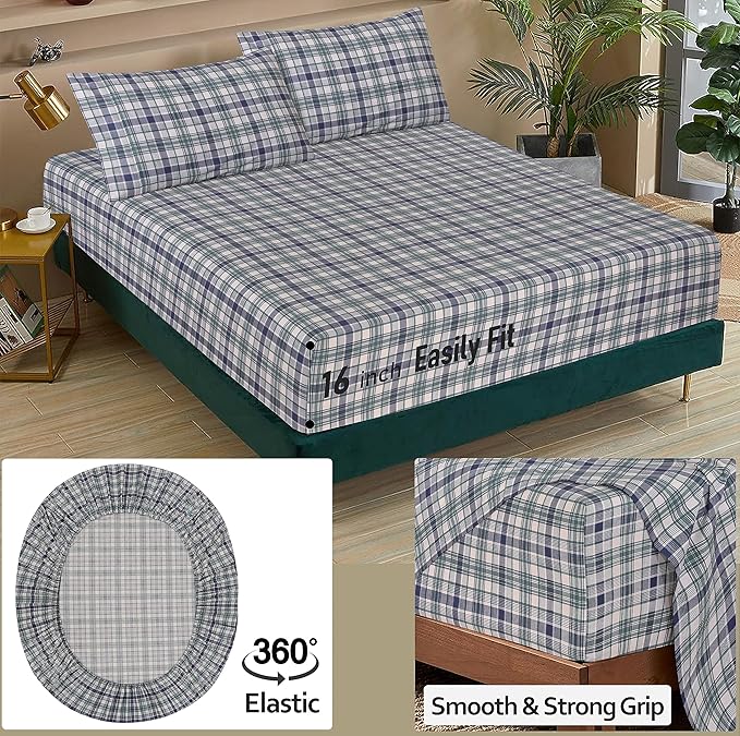 RUVANTI 100% Cotton Twin XL Sheet Sets, 3 Pieces, Soft & Breathable Percale Weave Bedding, Deep Pocket 16", Hotel Standard, Crisp Cool Feel, Durable, Perfect Size Plaid Sheets, Greenish Blue Plaid
