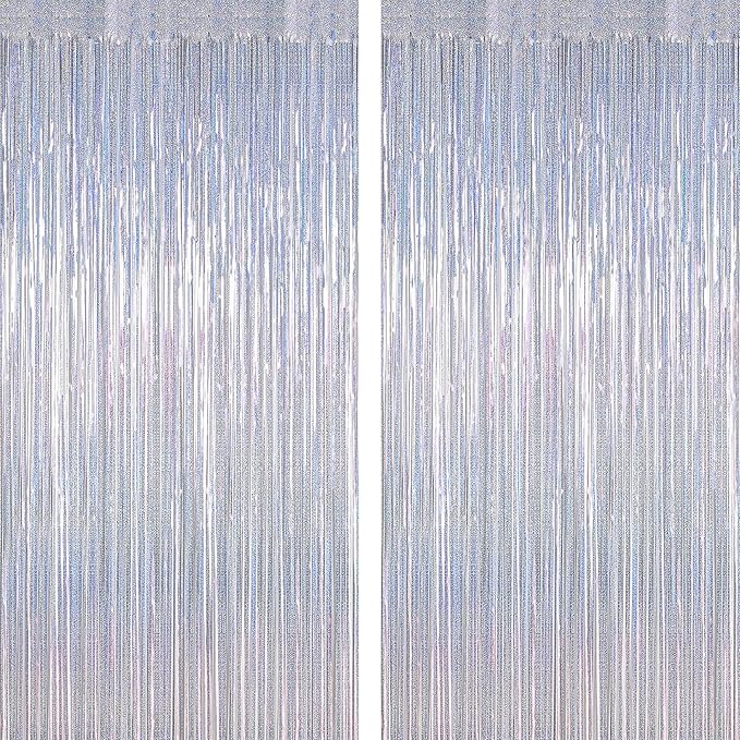 2 Pack New Year Party Decorations, 3.28 FT x 7.05 FT Glitter Silver Fringe Curtains, Metallic Party Streamer Tinsel Backdrop Foil Curtains, NYE Party Supplies Engagement Decor