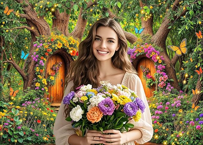 5X3ft Enchanted Forest Backdrop Fairy Tale Green Garden Wonderland Tree House Floral Butterfly Background for Kids Girl Baby Shower Birthday Party Decoration Banner Cake Table Photo Booth Props