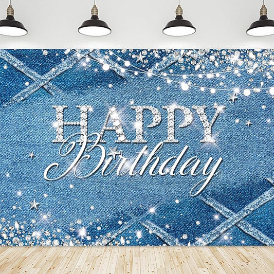 Riyidecor Denim Diamonds Birthday Backdrop for Women Navy Blue Silver Modern Luxury Crystal Sparkle Shining 7Wx5H Feet Girls Photography Background Happy Birthday Photo Studio Shoot Polyester Fabric