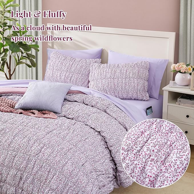 Queen Comforter Set - 7 Pieces Light Purple Puff Floral Bedding Sets for All Seasons, Shabby Chic Farmhouse Bed in a Bag Queen with Wildflowers Fluffy Comforter, Sheets, Pillowcases & Shams