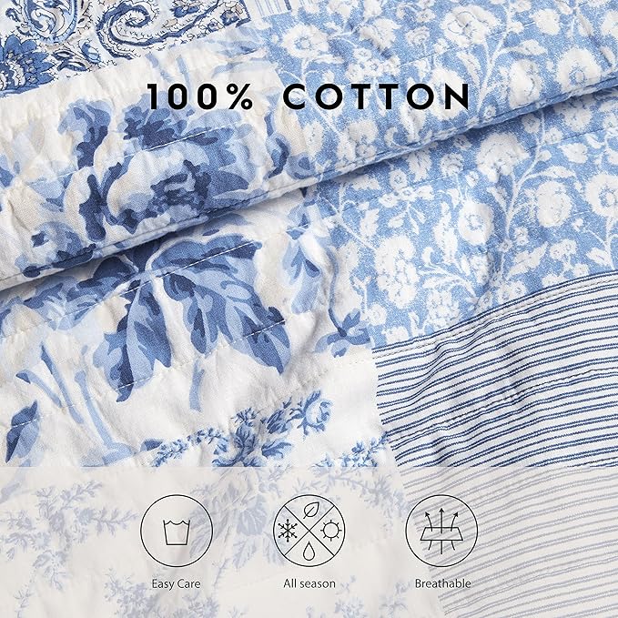 Laura Ashley - Twin Quilt Set, Reversible Cotton Bedding with Matching Sham, Medium-Weight for Year Round Use, Dorm Essentials (Paisley Printed Patchwork Blue)