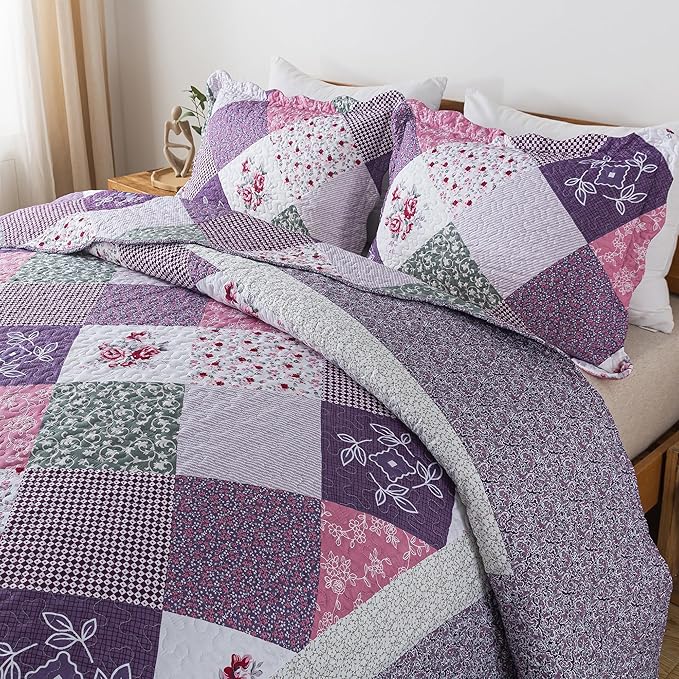 HoneiLife Quilt Sets Twin Size - 100% Microfiber Quilt Set, 2-Piece Lightweight Bedspreads Reversible Coverlets Rustic Bed Cover Twin Quilt Bedding Set All Season Quilts-Purple