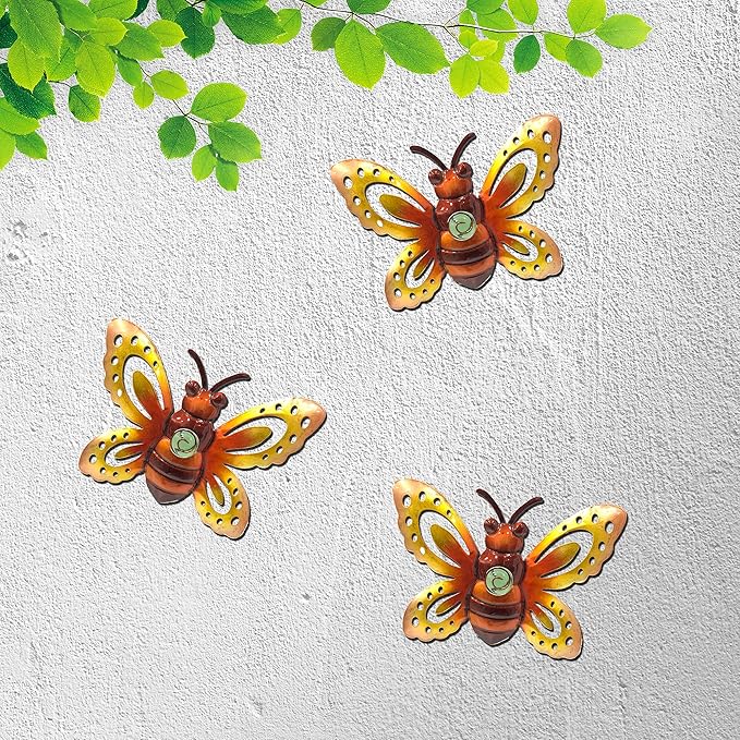 Garden Decor Clearance Metal Bee Wall Art Sculpture, Large Bee Wall Decor Christmas Garden Decoration Hanging for Yard Lawn Patio Living Room Bedroom, 3 Pack, Gift for Family