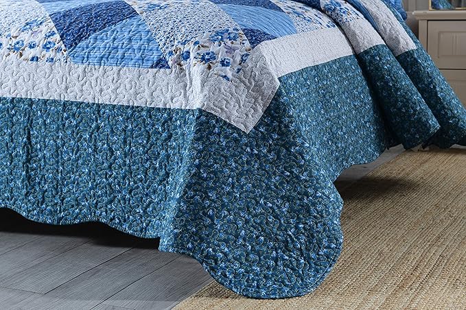 Travan Bedspread Quilt Sets 3-Piece Lightweight Coverlet Set with Shams Reversible Quilted Bedding Set, Blue Floral Patchwork, King Size
