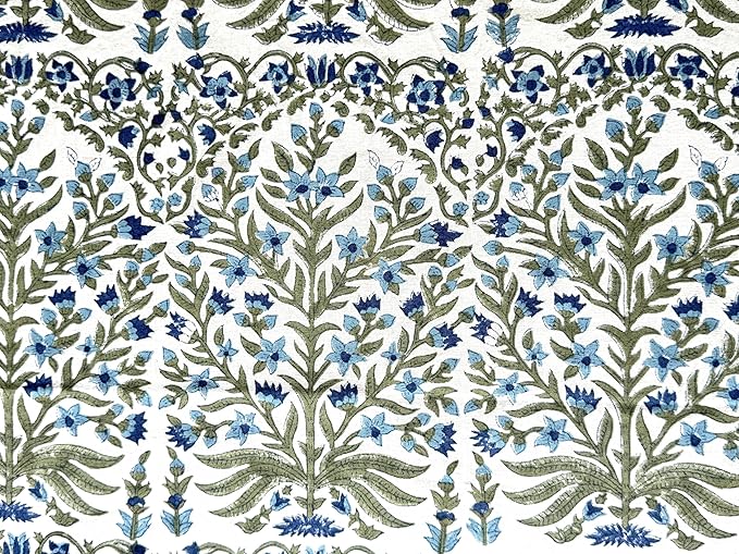 ATOSII Nargis Blue 100% Cotton Rectangle Summer Tablecloth, Indian Block Print Floral Table Cloth I Dining Parties Weddings Outdoors Holidays 60 X 90 Inches 6 Seater I Grandmillennial Farmhouse Boho