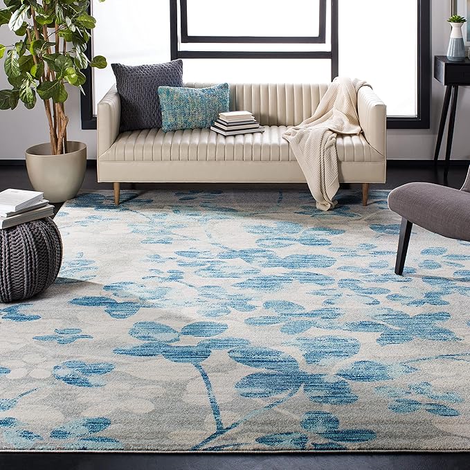 SAFAVIEH Evoke Collection Area Rug - 9' x 12', Grey & Light Blue, Floral Design, Non-Shedding & Easy Care, Ideal for High Traffic Areas in Living Room, Bedroom (EVK236J)