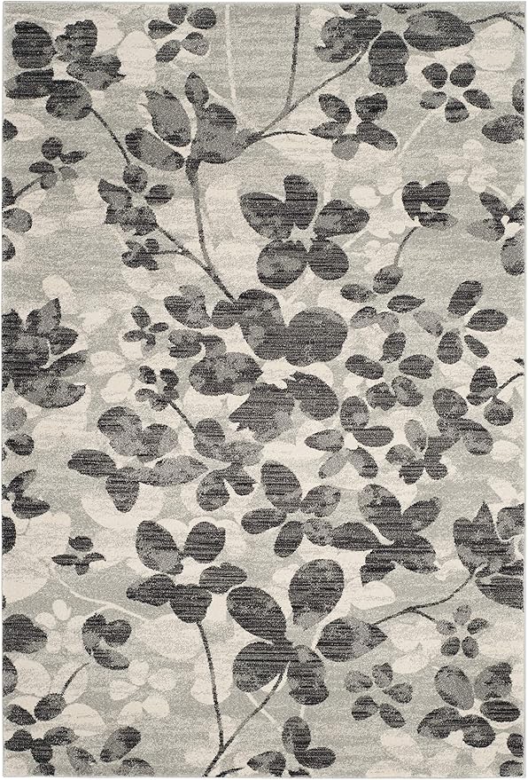SAFAVIEH Evoke Collection 4' x 6' Grey/Black EVK236R Floral Non-Shedding Living Room Bedroom Accent Rug