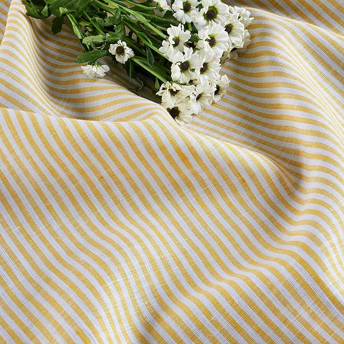 Solino Home Linen Striped Table Runner 144 Inches Long - Narrow Stripe 100% Pure Linen Spicy Mustard and White Dining Table Runner 14 x 144 Inch for Spring, Easter