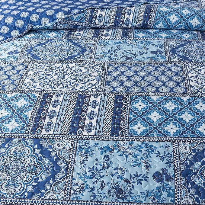 HoneiLife King Quilt Bedding Set - 3 Pieces Rustic Quilt Sets Microfiber Bedspreads Floral Coverlets Retro Bed Cover All Season Quilts-Blue