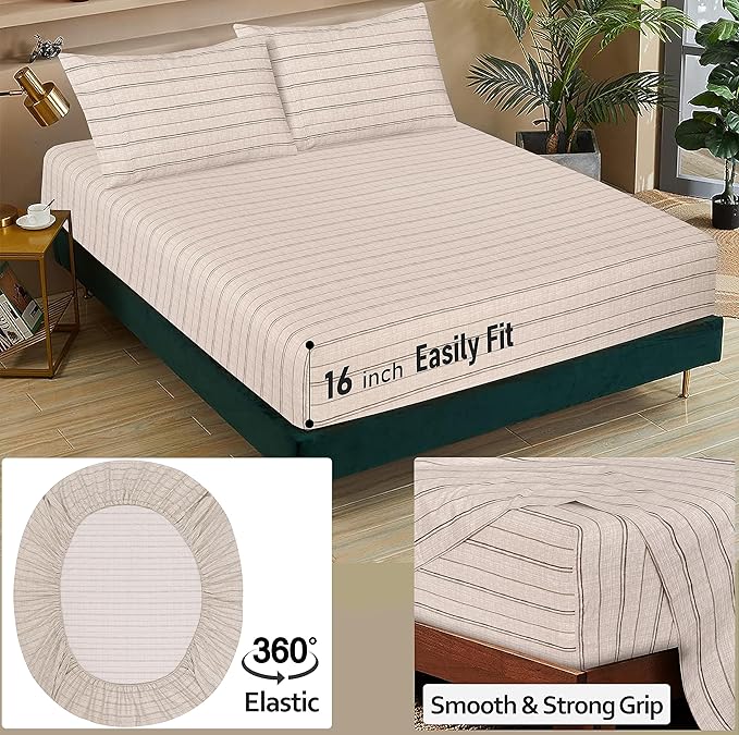 RUVANTI 100% Cotton Twin Sheets Set, 3 Pieces, Soft & Breathable Percale Weave Bedding, Deep Pocket 16", Hotel Standard, Crisp Cool Feel, Durable, Perfect Striped Bed Sheet, Brown Stripes