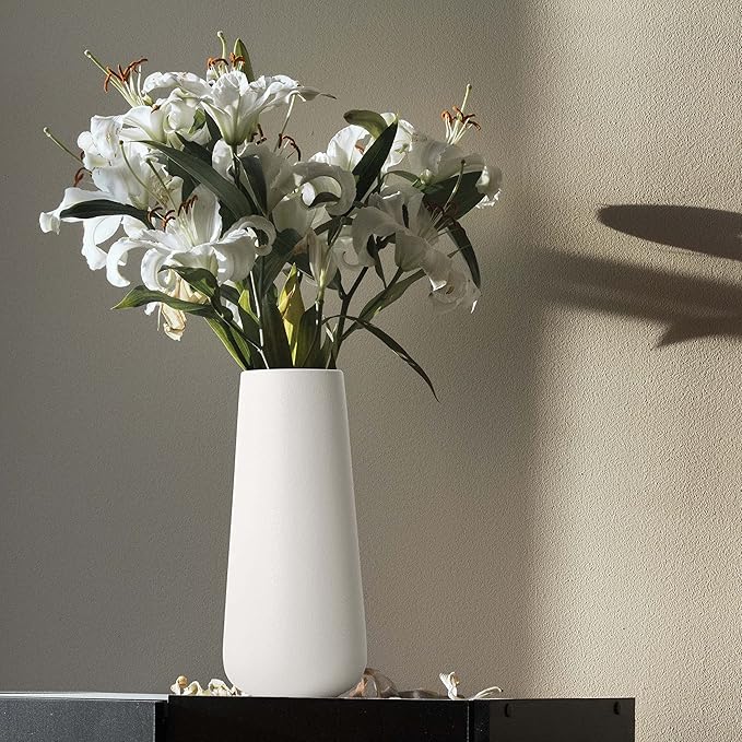 D'vine Dev 11 Inch Ceramic Flower Vase Textured Finishing, Minimalist Design for Kitchen, Bedroom, Living Room, Centerpieces, Office, Ivory, VS-XH-A-2