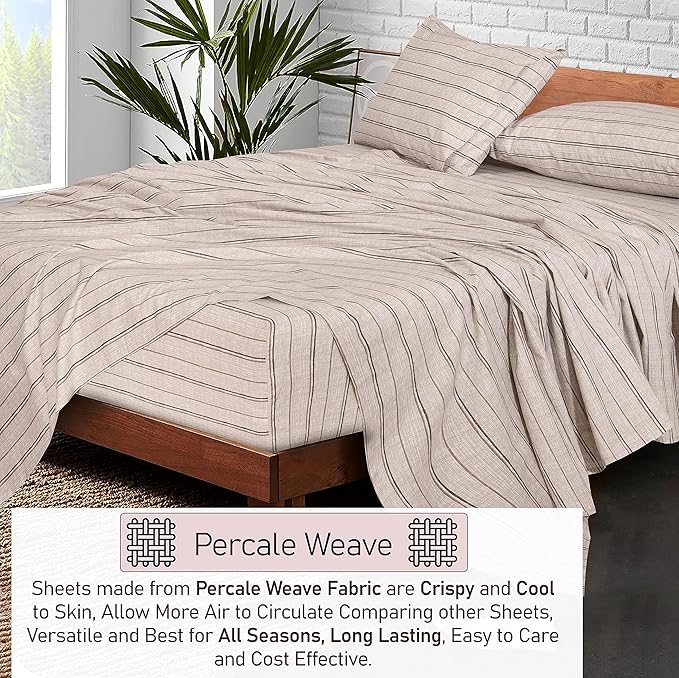 RUVANTI 100% Cotton Full Size Bed Sheets, 4 Pieces, Soft & Breathable Percale Weave Bedding, Deep Pocket 16", Hotel Standard, Crisp Cool Feel, Durable, Perfect Sheet Set Striped, Brown Stripes