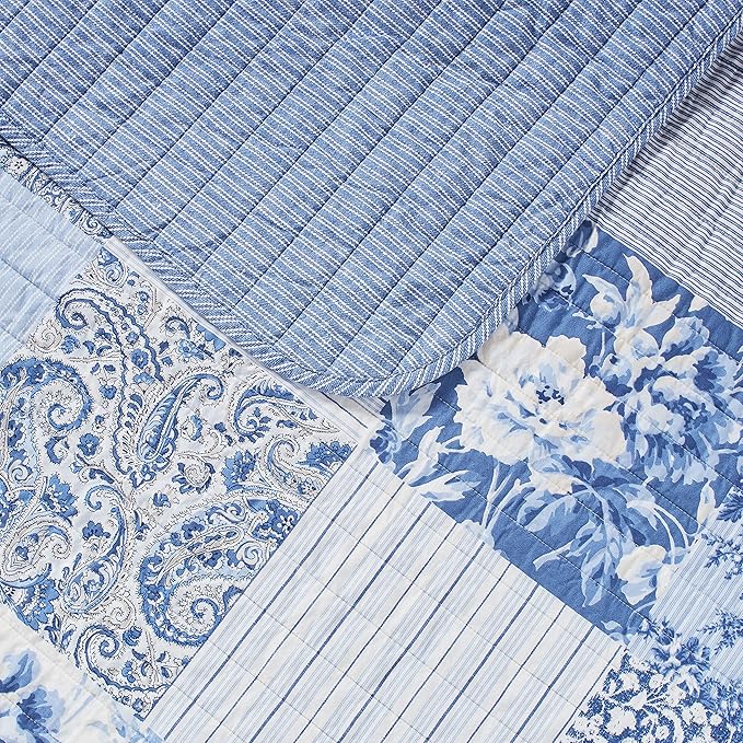 Laura Ashley - Queen Quilt Set, Soft & Reversible Cotton Floral Bedding with a Medium Weight Feel, 3 Piece Bed Set with Matching Pillowcases (Paisley Printed Patchwork Blue)